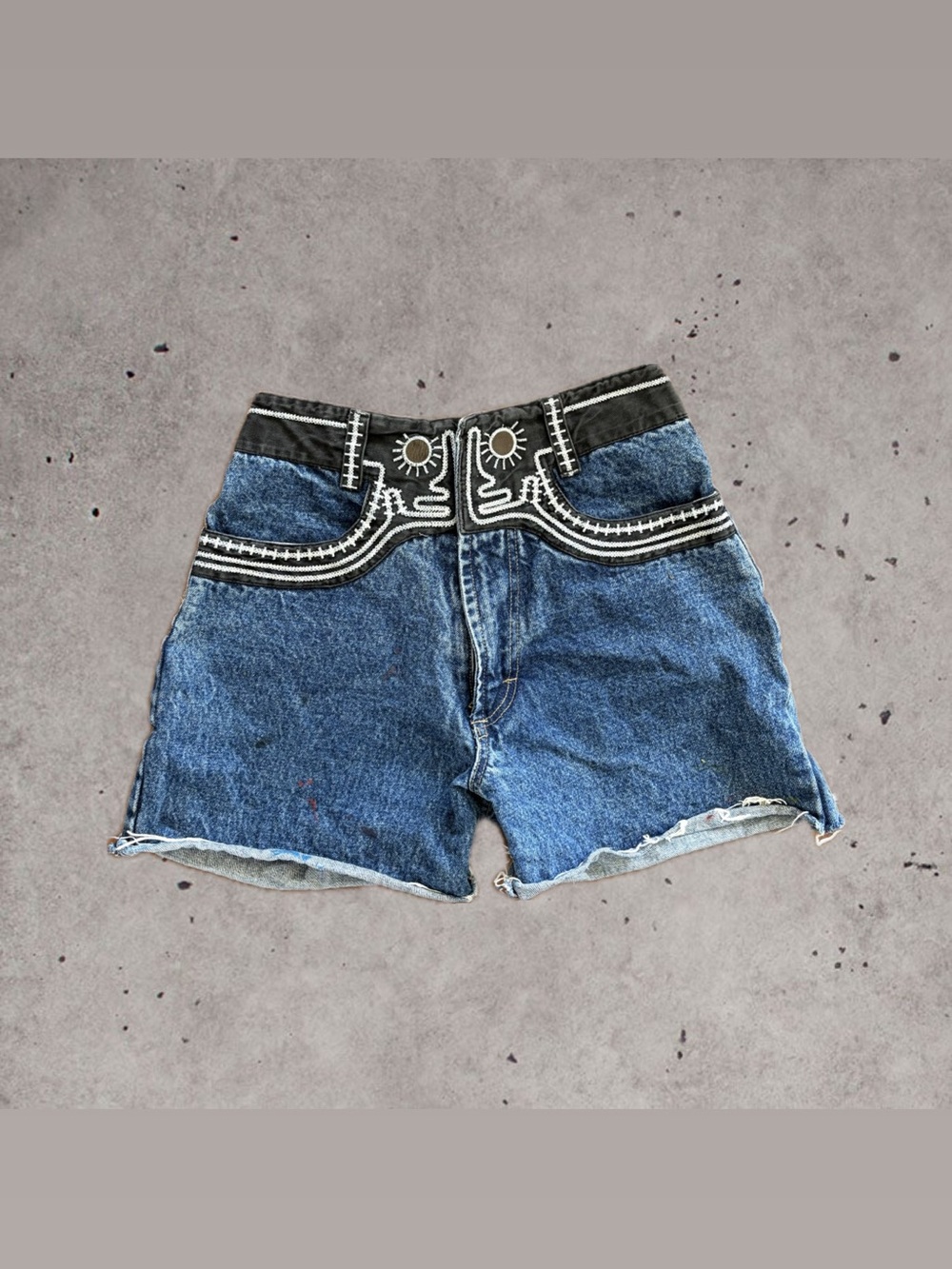 Embroidered High-Waist Denim Shorts - Blue